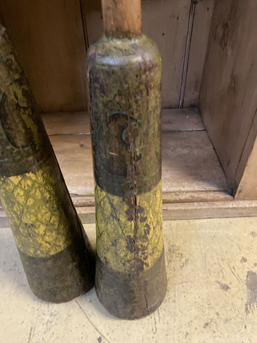 A pair of 19th century Continental painted wood skittles, height 66cm